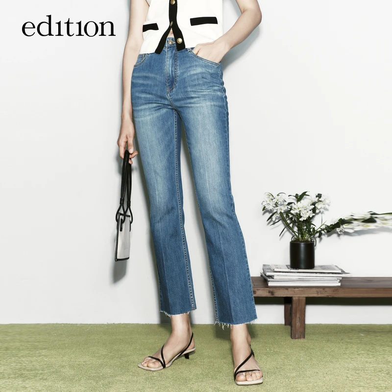 edition2023夏新款微喇紧身牛仔裤女复古散边九分裤#EBD2JENT06