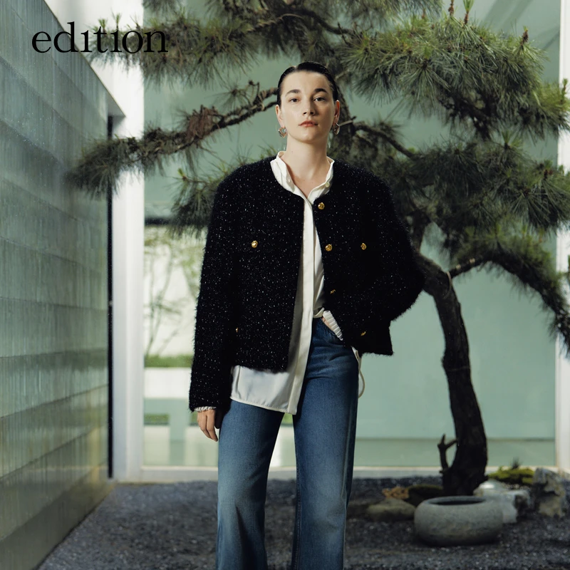 edition时尚轻奢外套女黑金小香风花呢黑色复古夹克#EBD3COTK01