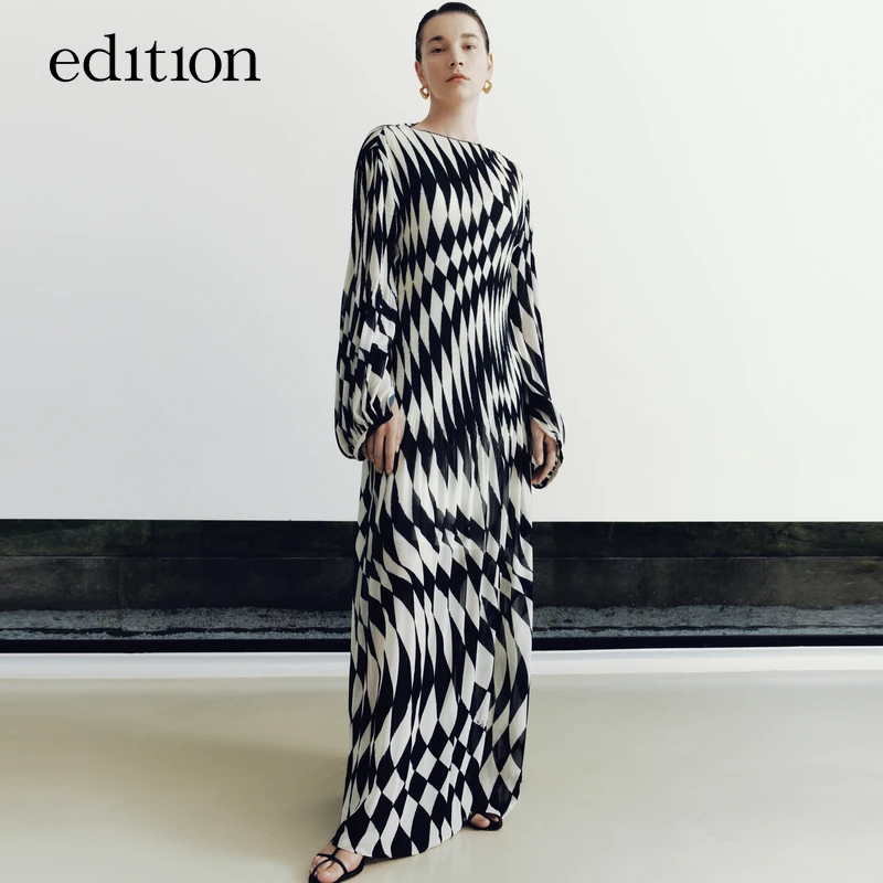 edition女装连衣裙时尚复古宫廷风菱格压褶长裙#EBD3DRSK07