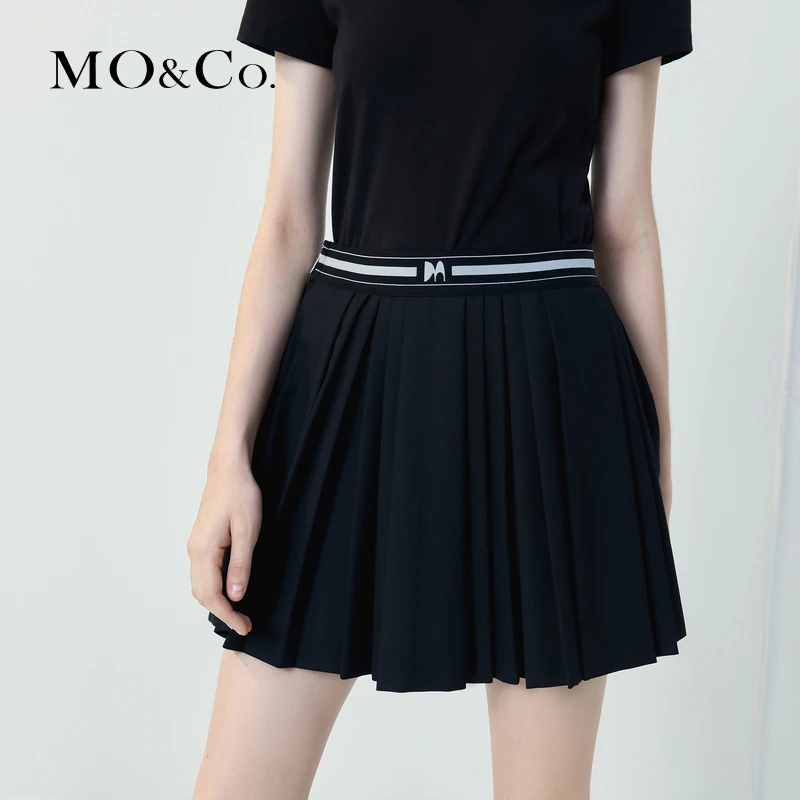 MOCO秋撞色橡筋织带中腰百褶裙半身裙辣妹风MBC3SKTK01