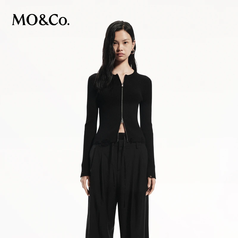 MOCO秋双开拉链短款收腰弹力修身针织衫开衫MBD3CAR010