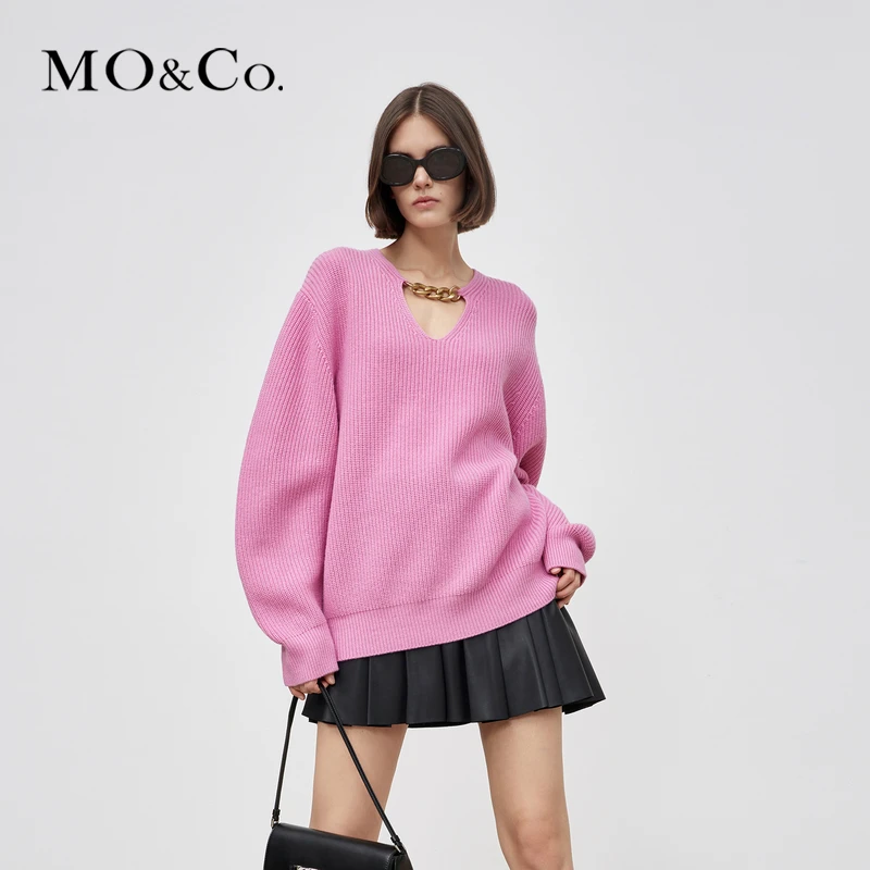 【防寒】MOCO秋季V领链条宽松休闲时尚针织衫毛衣MBC3SWTT28