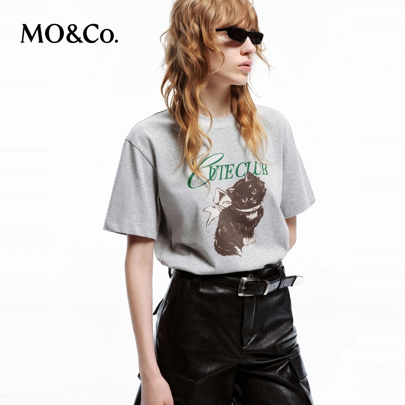 MOCO春季萌宠猫猫撞色印花宽松圆领短袖棉质T恤MBD1TEEK05