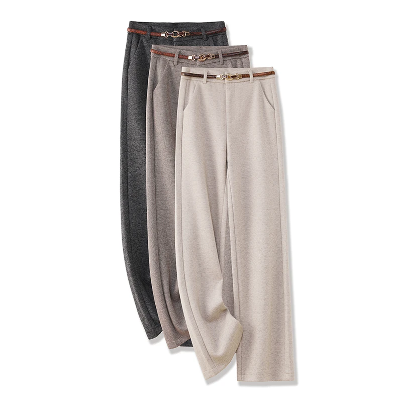 棉羊毛呢人字纹窄版阔腿裤高腰2024秋冬新款宽松休闲直筒裤中老年