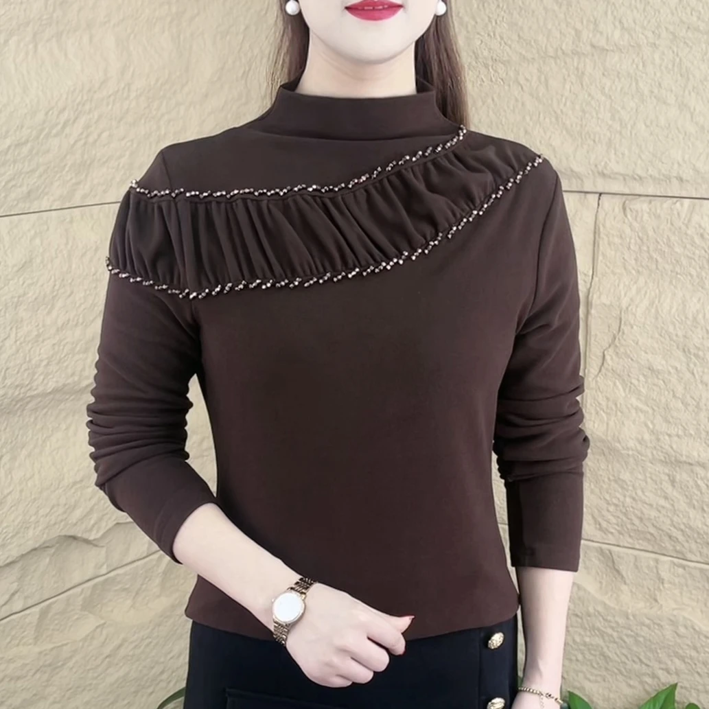 秋冬款时尚褶皱设计感半高领上衣减龄百搭一体绒女装打底衫M7259