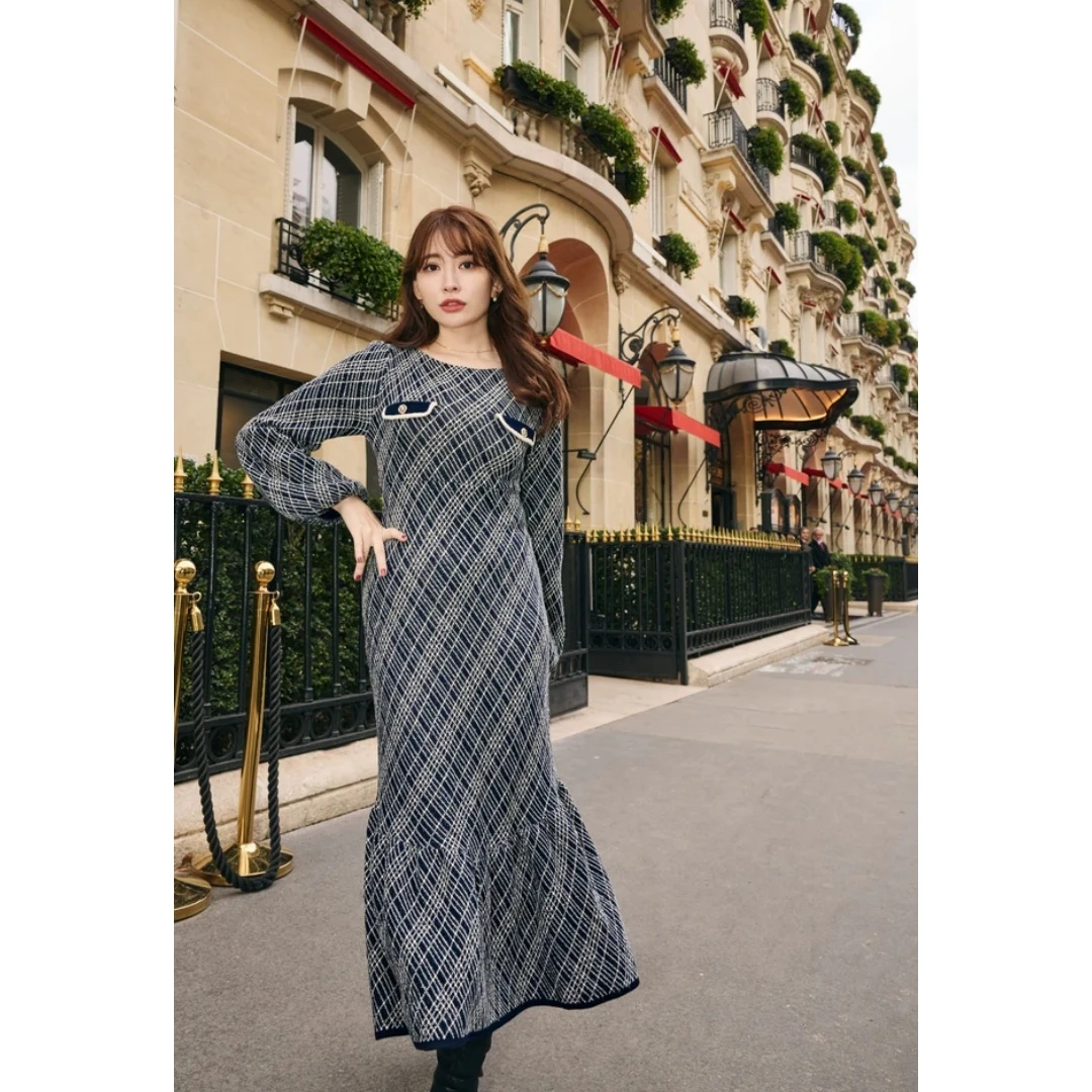 【Yorozuya】日系品牌 秋冬新款 娘娘 格纹气质修身优雅鱼尾连衣裙