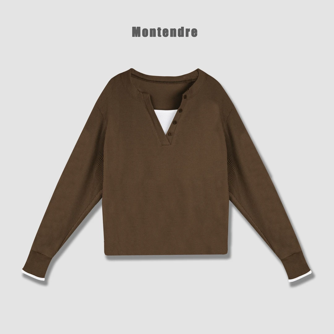 【TAKUMI】秋季新款 L 休闲简约百搭假两件长袖T恤上衣时尚拼接减龄