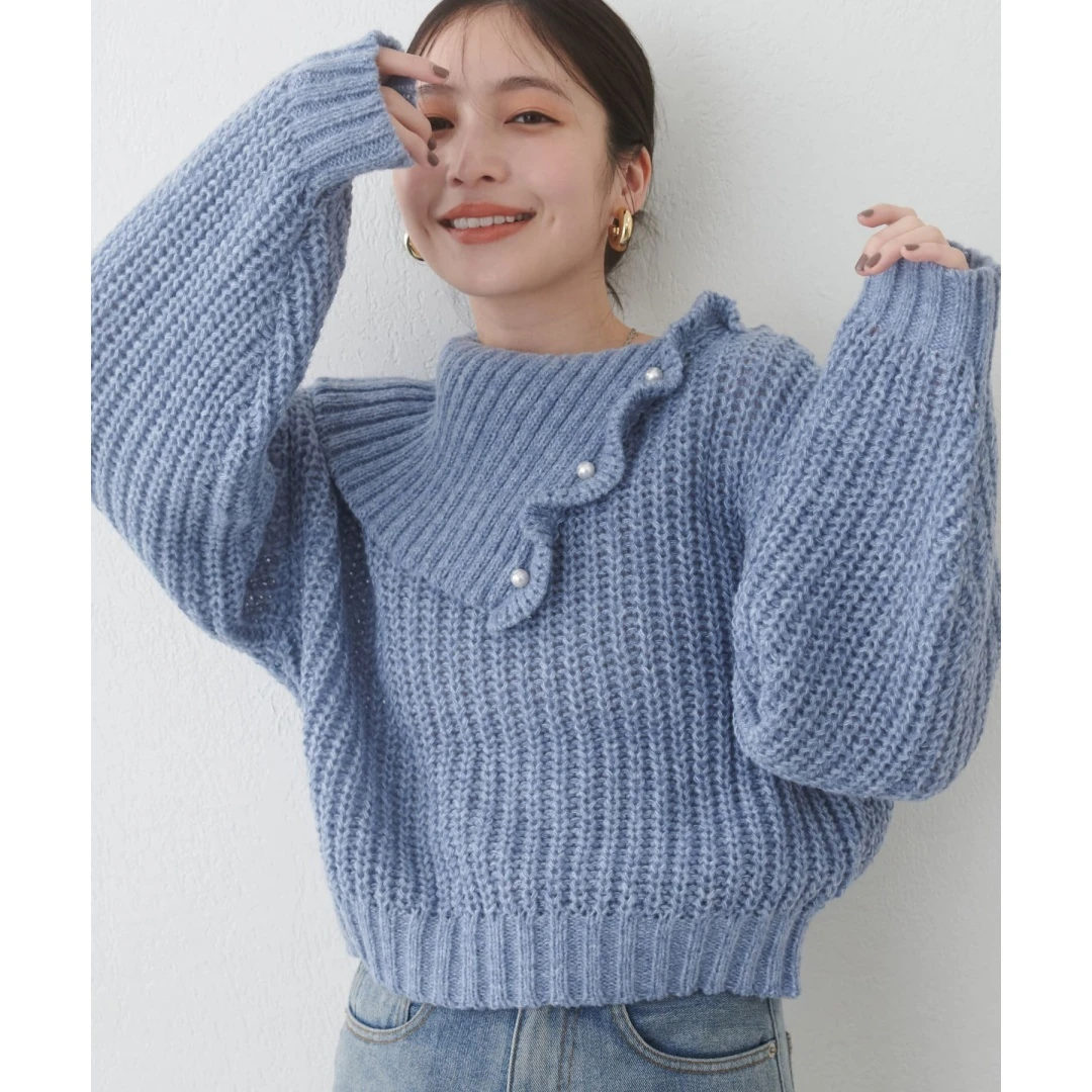 【六哥外贸】日系品牌 秋季新款 N 百搭时尚珍珠荷叶边针织套头衫