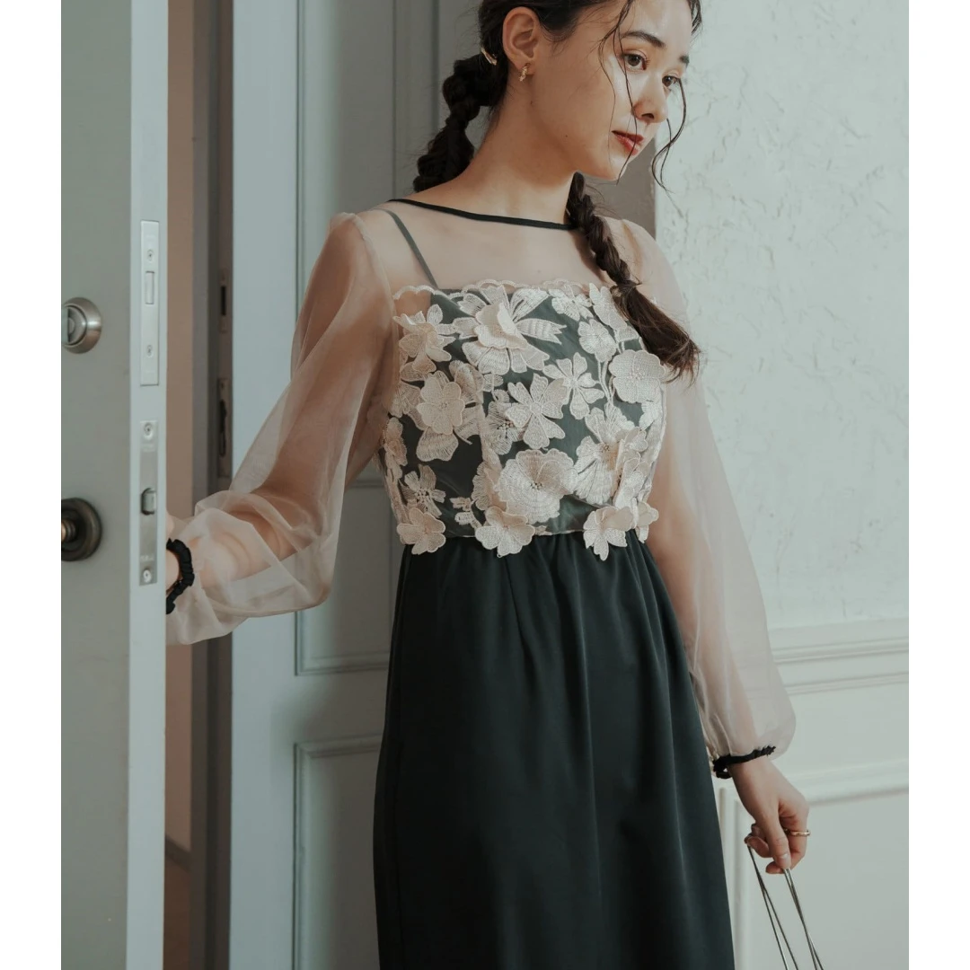 【TAKUMI】 秋季新款 K 联名款 花卉图案薄纱婚纱连衣裙气质蕾丝女