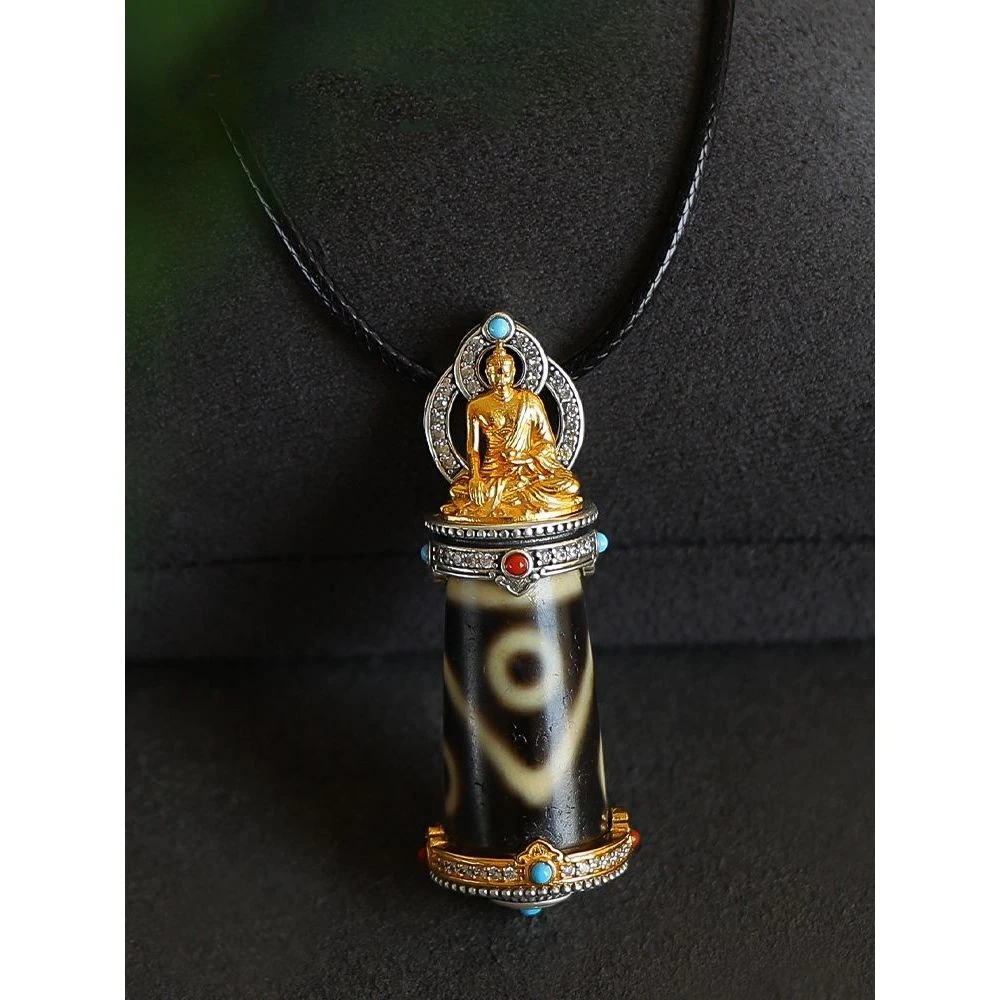 铜合金项链 复古药师佛吊坠银色镶嵌空托西藏小众设计颈饰项链