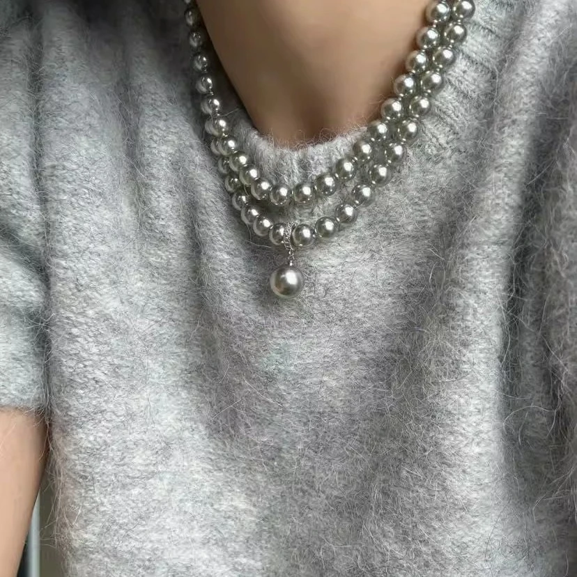铜合金项链双层叠戴长款颈链小众设计ins银色项链珠子高级精百搭