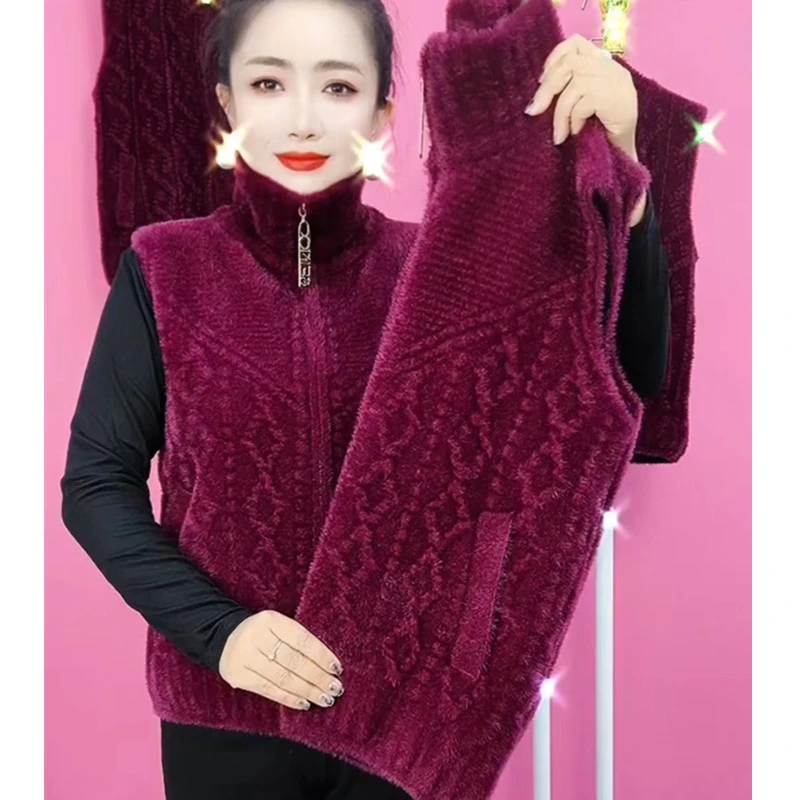 新款秋冬马甲女中年妈妈外搭穿仿水貂绒针织开衫背心马夹毛衣外套