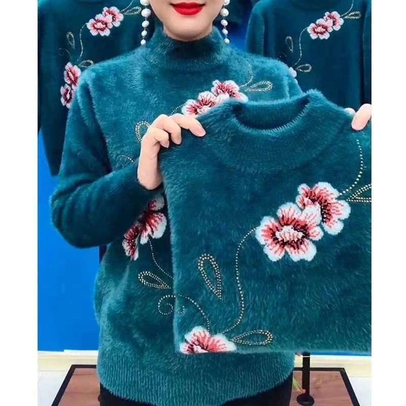 秋冬款仿貂绒毛衣女中老年女装加绒加厚半高领洋气百搭胖妈妈毛衣