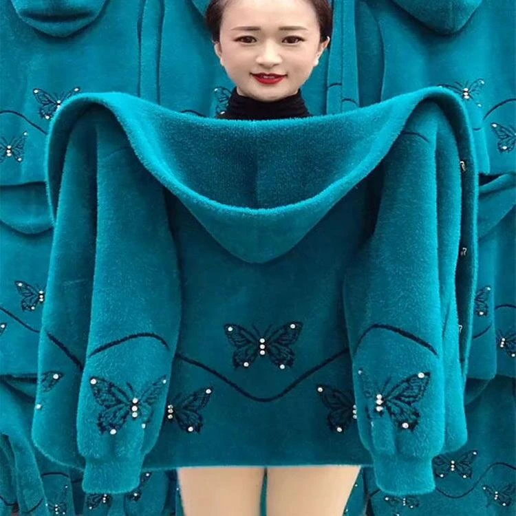 仿水貂绒开衫外套女秋冬装新款宽松大码中老年女装妈妈装毛呢大衣