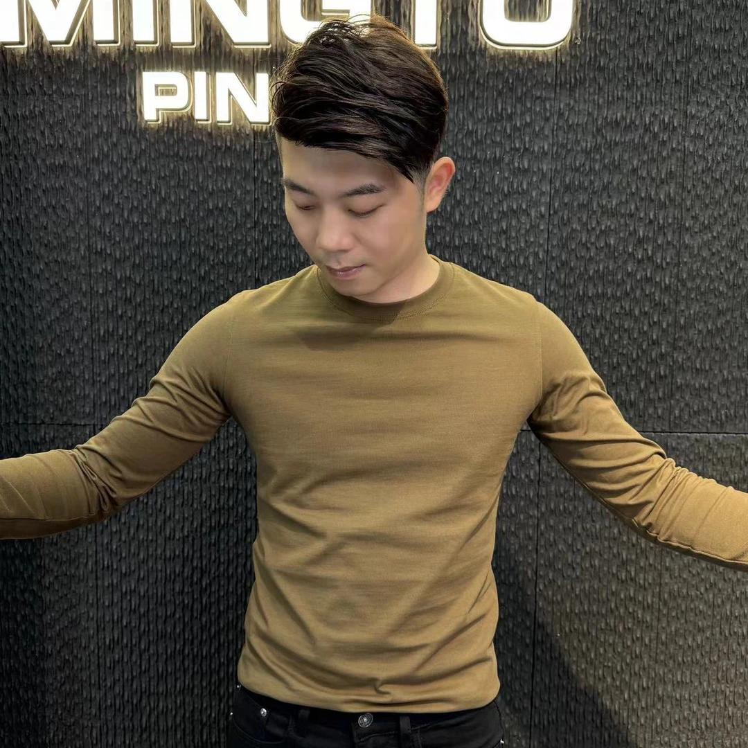 春秋男士2024新款修身百搭简约圆领弹力休闲内搭纯色打底E63长袖
