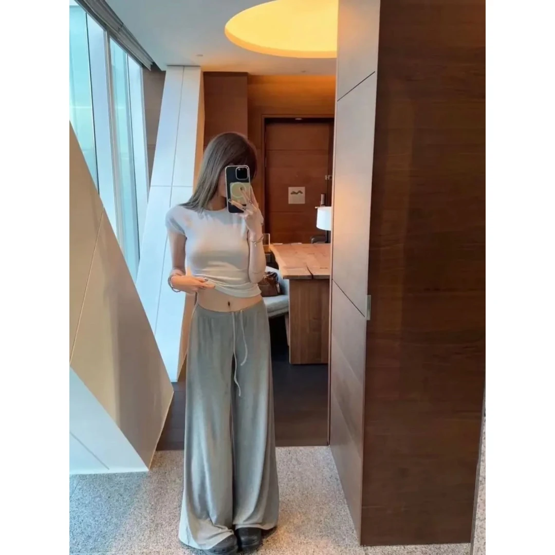 【宽版】抖抖裤灰色裤子薄款夏季休闲直筒宽松垂感拖地裤女士