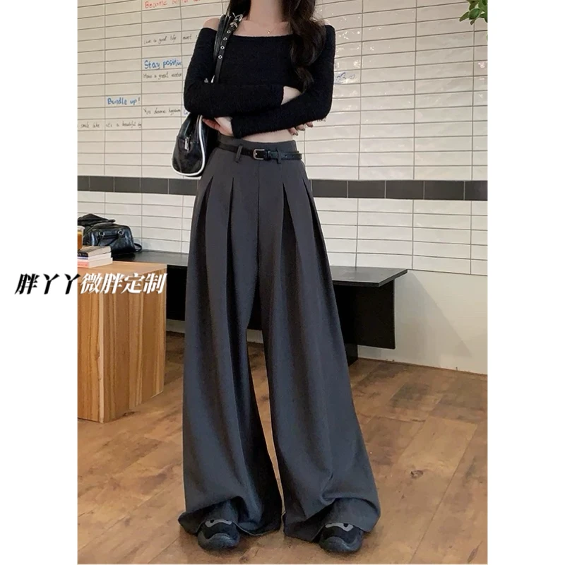【胖丫丫】黑灰色宽松西装裤阔腿裤女高腰小众直筒裤