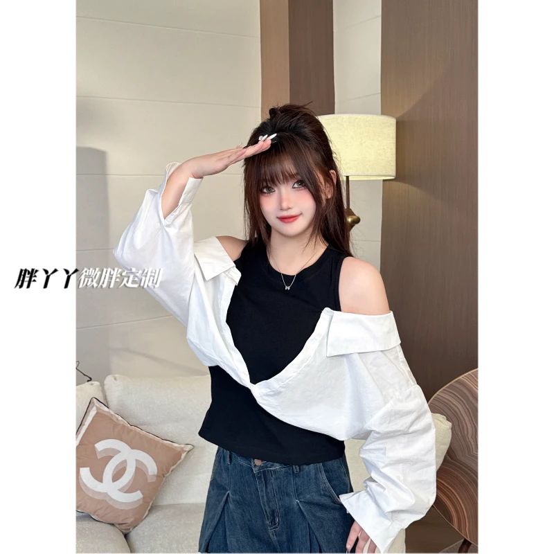 【胖丫丫】春季黑白假两件衬衫设计感休闲百搭通勤上衣