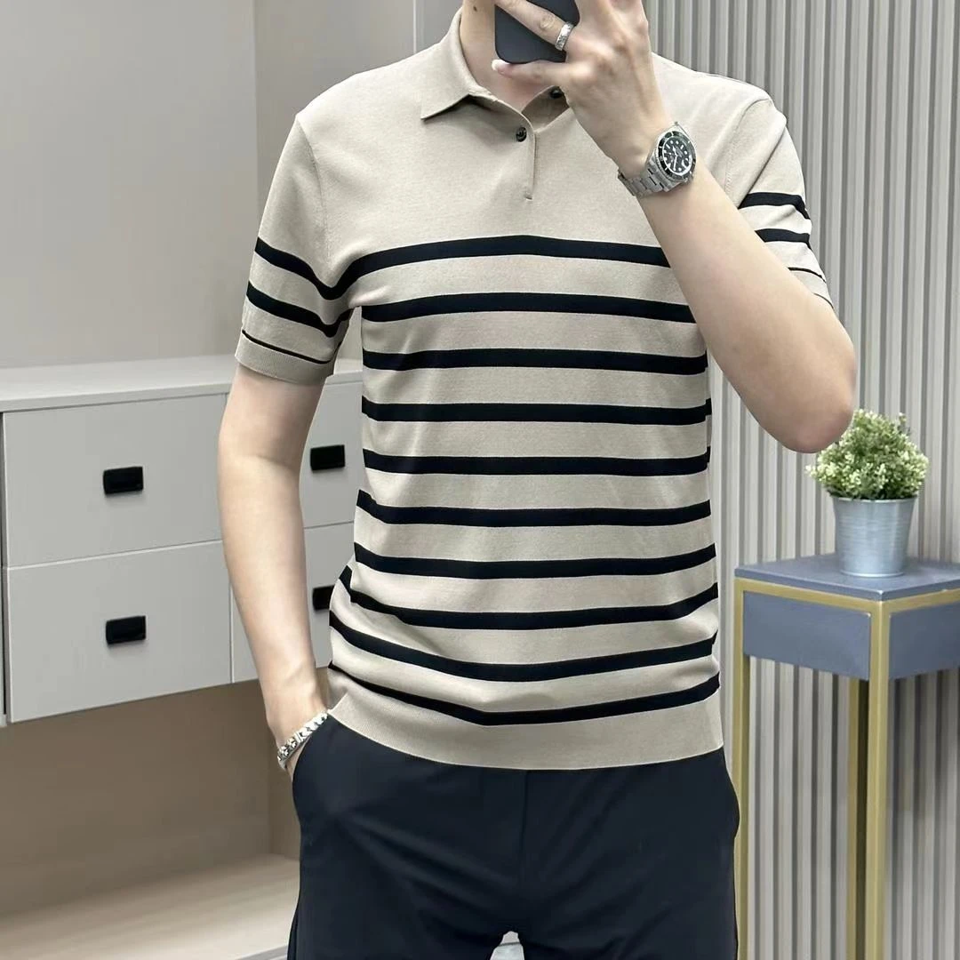 男士高品质时尚短袖POLO衫针织t恤2025新款夏季个性条纹翻领潮流