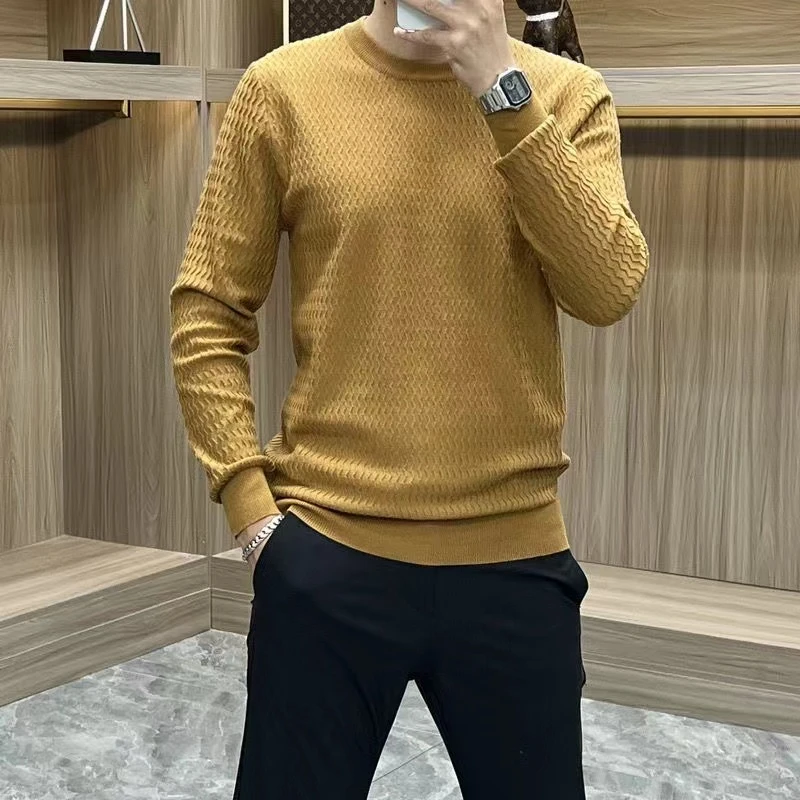 秋冬新款男士轻奢长袖针织衫休闲百搭时尚圆领纯色提花打底毛衣