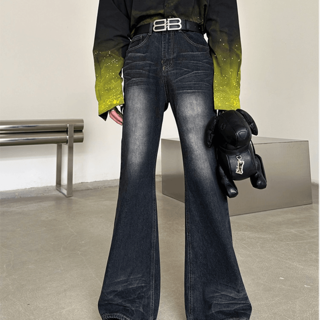 黑灰喇叭牛仔裤男高级感夏季美式复古高街直筒显瘦男街头潮流裤子