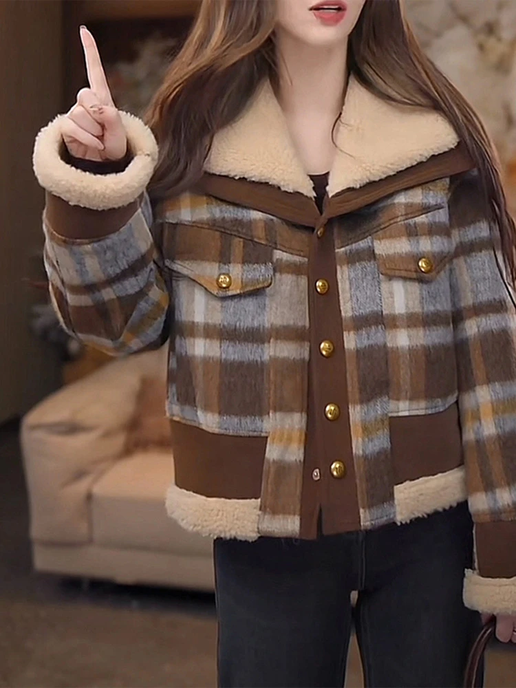 小众设计感气质格纹外套2024秋冬时髦加厚保暖休闲宽松上衣卡其格