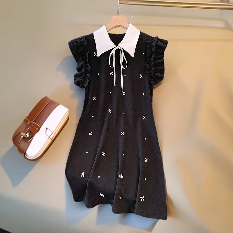 洋气时尚气质黑色荷叶边法式小飞袖显瘦女连衣裙