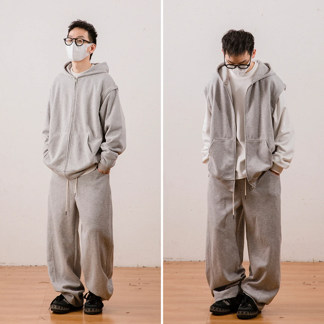 春季新款日系复古运动袖子可拆卸连帽纯色宽松开衫套装 LF23232