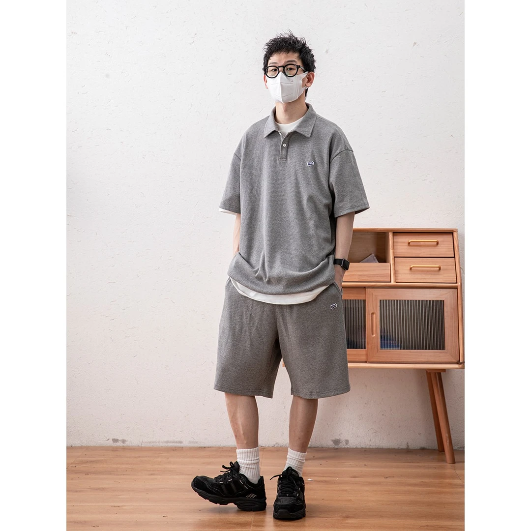 夏季日系新款宽松情侣休闲运动翻领POLO衫简约百搭套装 LF2377