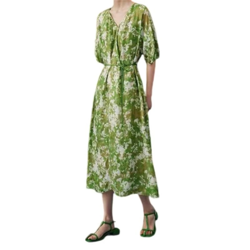 90%桑蚕丝时尚显瘦宽气质法式简约轻奢印花连衣裙  L6731