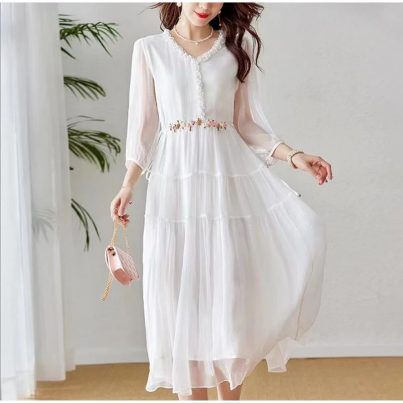 桑蚕丝纯洁白宽松连衣裙气质显瘦百搭连衣裙  2Q226