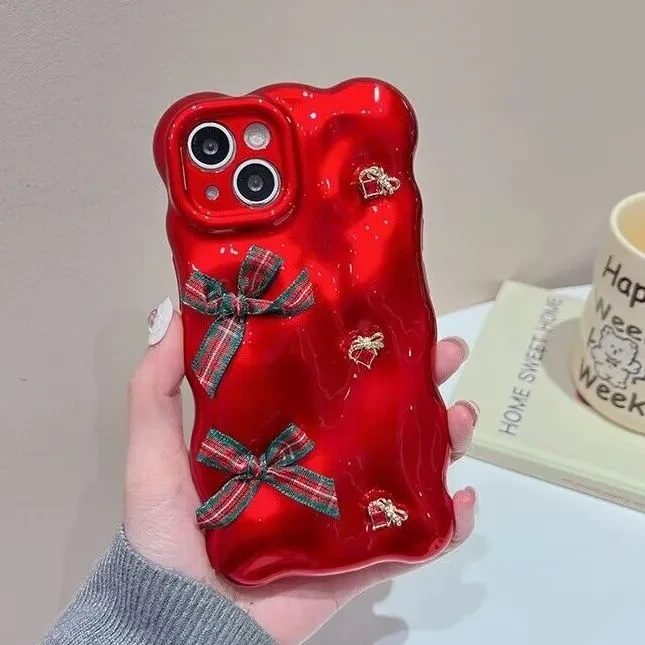 新款苹果15手机壳iPhone14promax红色奢华水钻蝴蝶结13全包防摔女