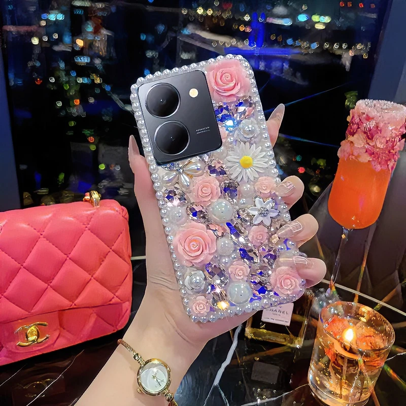 vivoY100手机壳珍珠花朵V2313A爆闪水钻Y100全包防摔软壳网红女潮