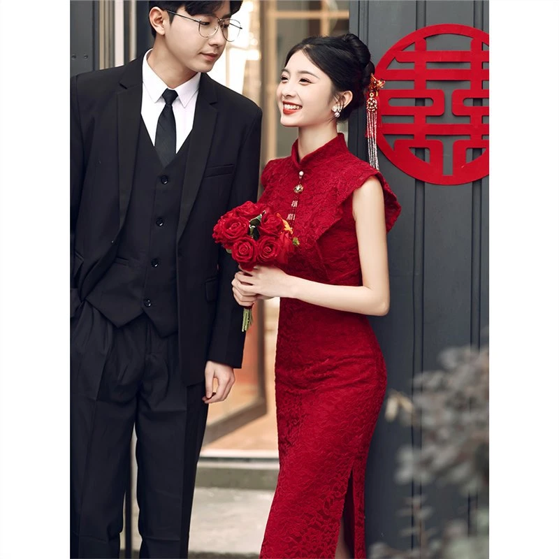 夏季新款敬酒服小个子酒红色礼服蕾丝结婚旗袍中国风衣服气质中式