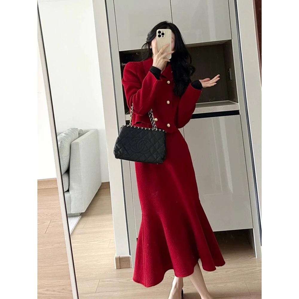 新款秋冬款红色套装修身新娘敬酒服订婚年会礼服半身裙套装气质女