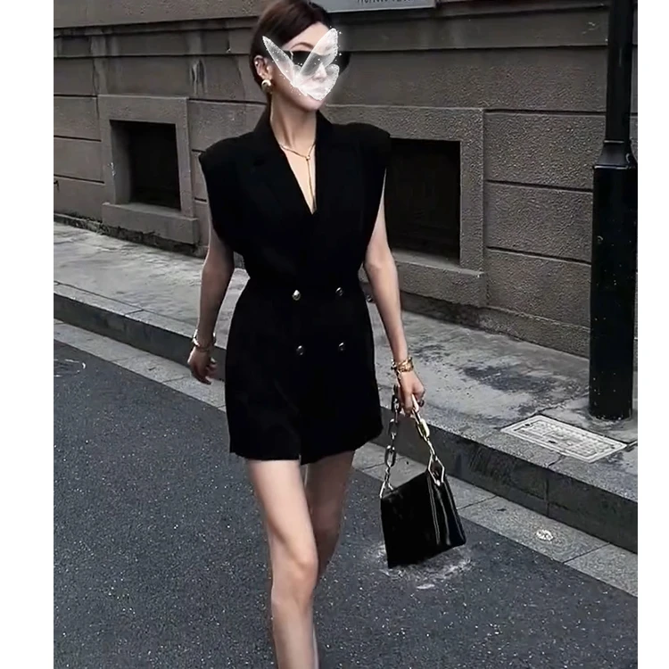 新款夏季气质高端高冷御姐西装裙子v领黑色气质连衣裙小黑裙女