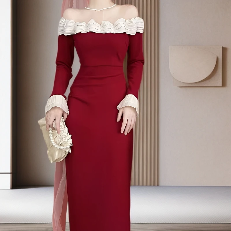 一字肩新娘婚礼结婚回门敬酒服法式修身气质宴会收腰酒红色裙秋冬