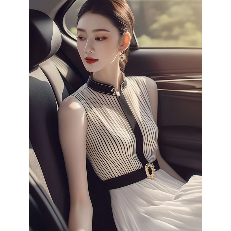 新款夏季法式高级高端大方气质条纹拼接高品质连衣裙女百搭民族风