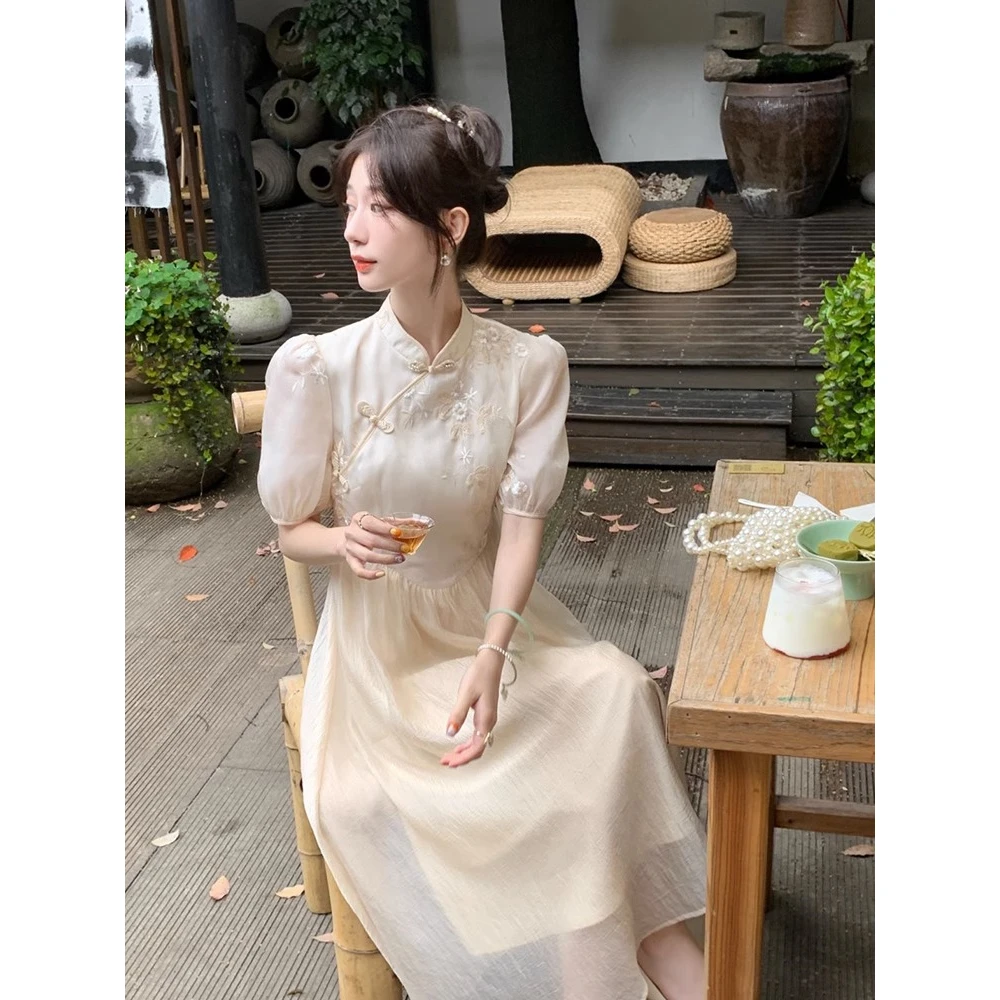 夏季新款改良旗袍气质少女高端精致浪漫白色连衣裙子新中式国风女