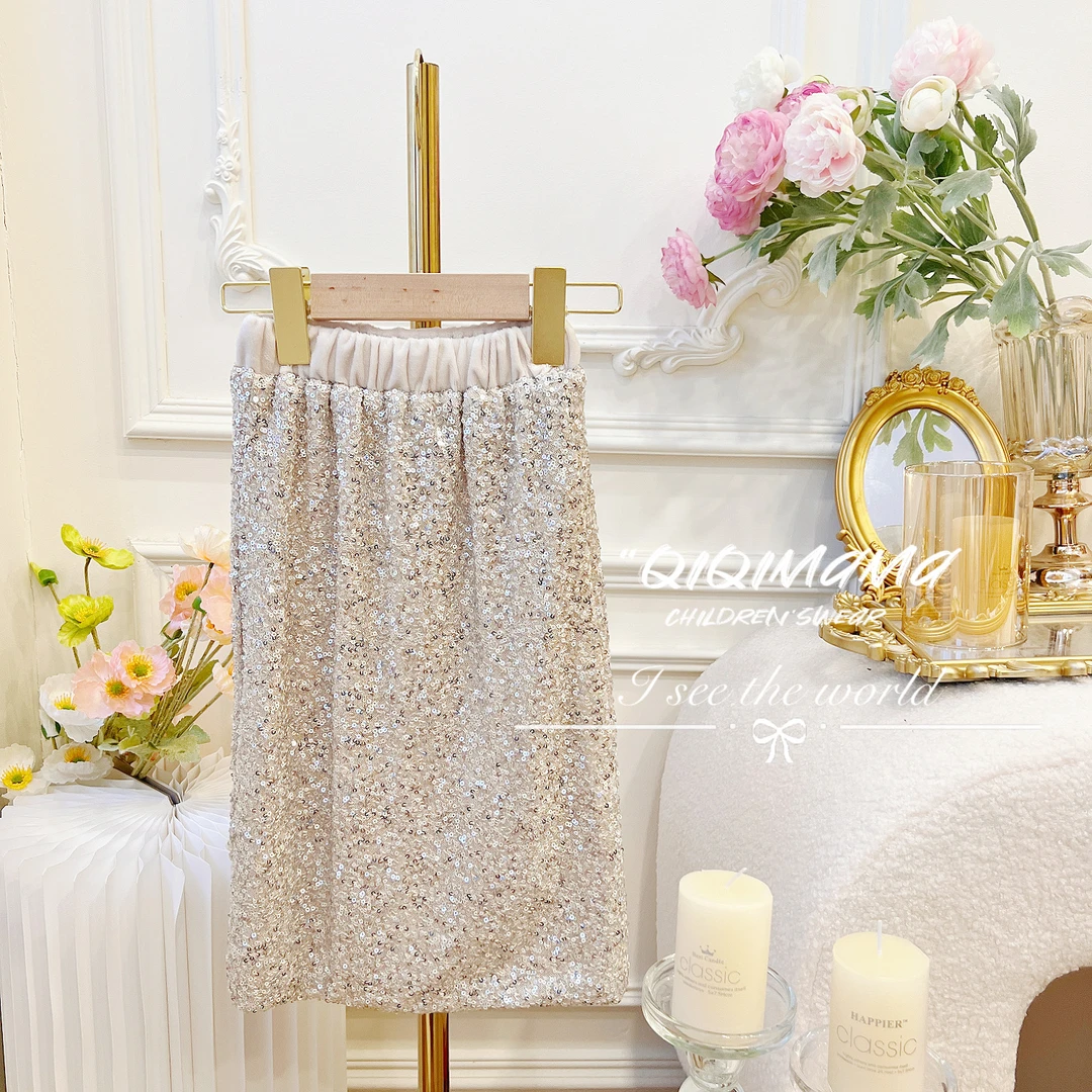 【QI奇妈】亮片时髦时尚淑女百搭童装女童公主高定洋气气质裙Q0020