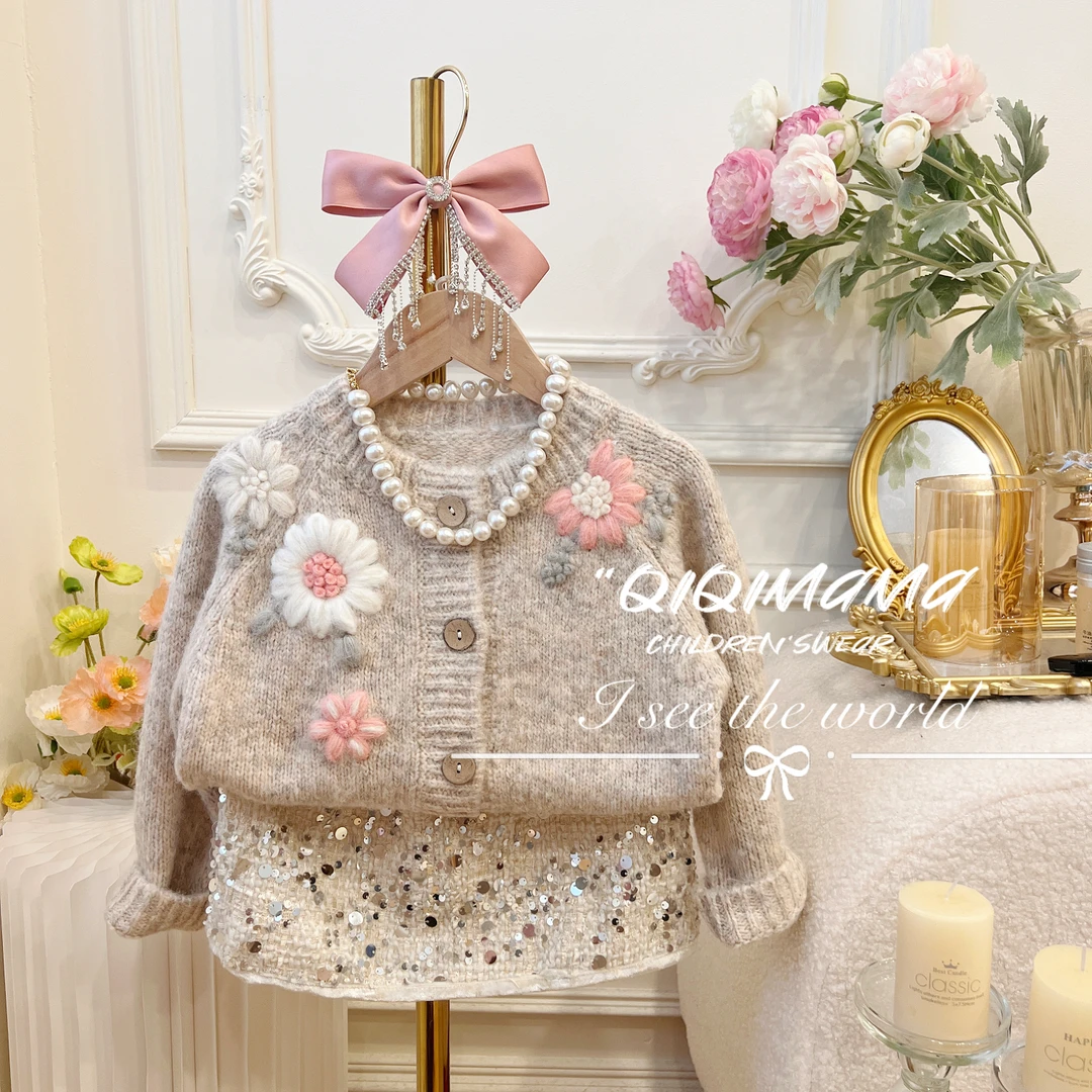 【QI奇妈】女童精致时尚淑秋冬装儿童女孩女宝宝毛衣裙子套装Q0363