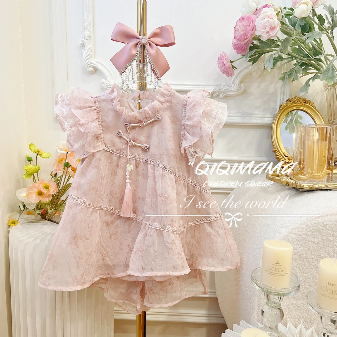 【QI奇妈现货】女童夏款淑女时髦儿童夏季女宝精致小女孩套装 Q0184