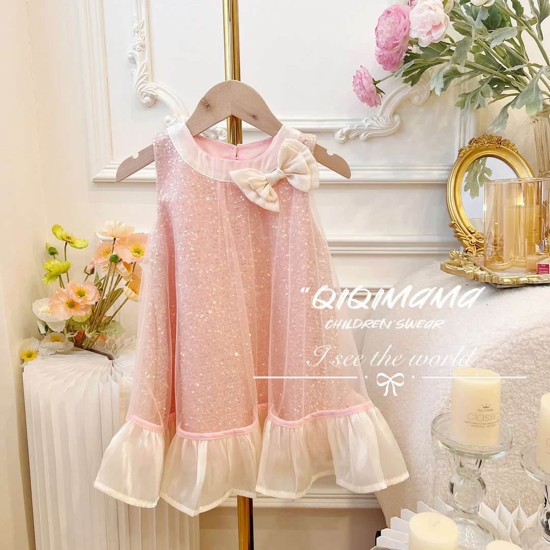 【QI奇妈】2024夏季韩版时尚无袖亮片公主裙S24268