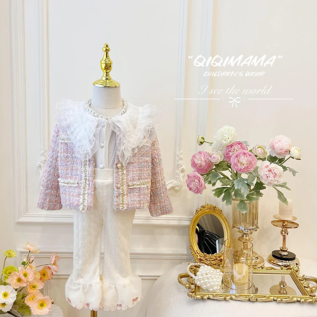 【Qi奇妈】2023女童夏季小香风春秋短款韩版洋气粗花呢外套 TQ075