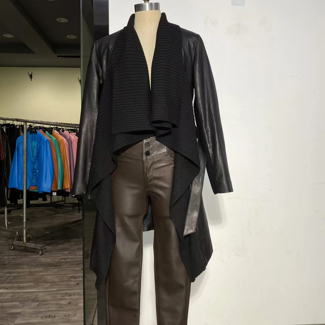 2024年新款轻奢女装中长外套秋冬新款高级显瘦时尚绵羊皮拼针织.