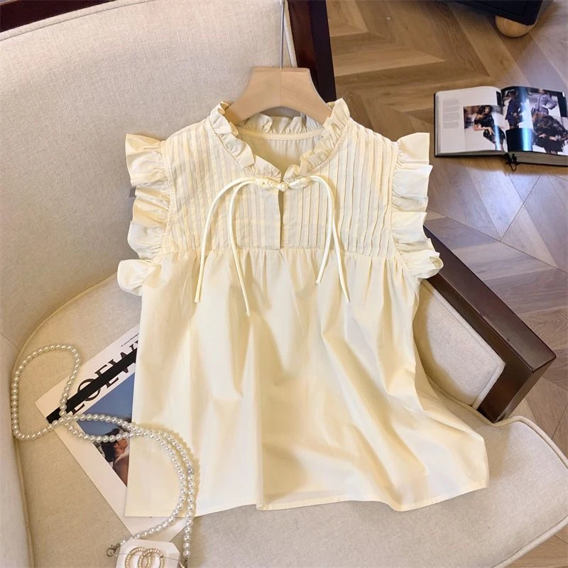 荷叶边小飞袖小个子甜美衬衫女娃娃衫设计感小众夏季新款无袖上衣