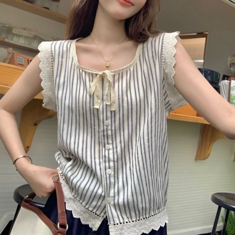 纯棉夏季新款法式小个子复古港风条纹衬衫女日系清新可爱无袖上衣