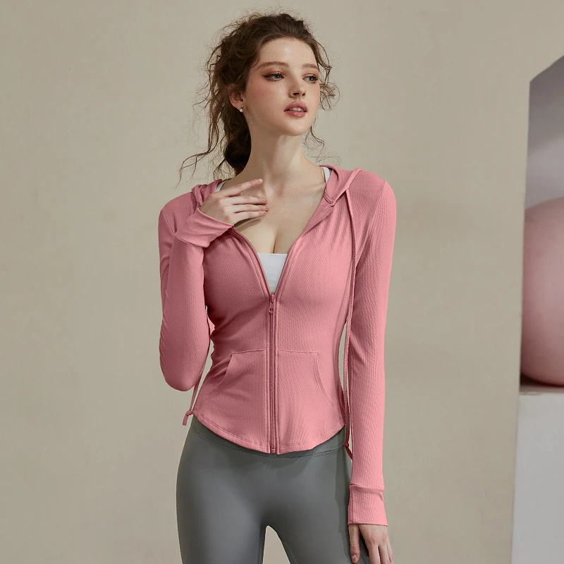 璎珞运动外套女健身服长袖春秋休闲修身时尚显瘦连帽拉链瑜伽上衣