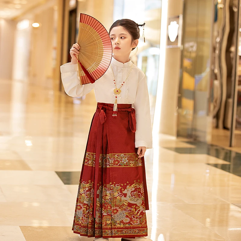 仙鹿--汉服女童织金马面裙儿童古风套装中国风明制半身裙春秋宋制