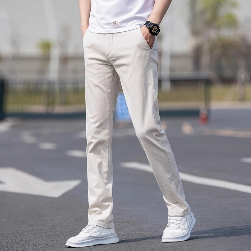 香港高端米白色纯棉休闲裤男款直筒修身2024春季新款商务西裤男士